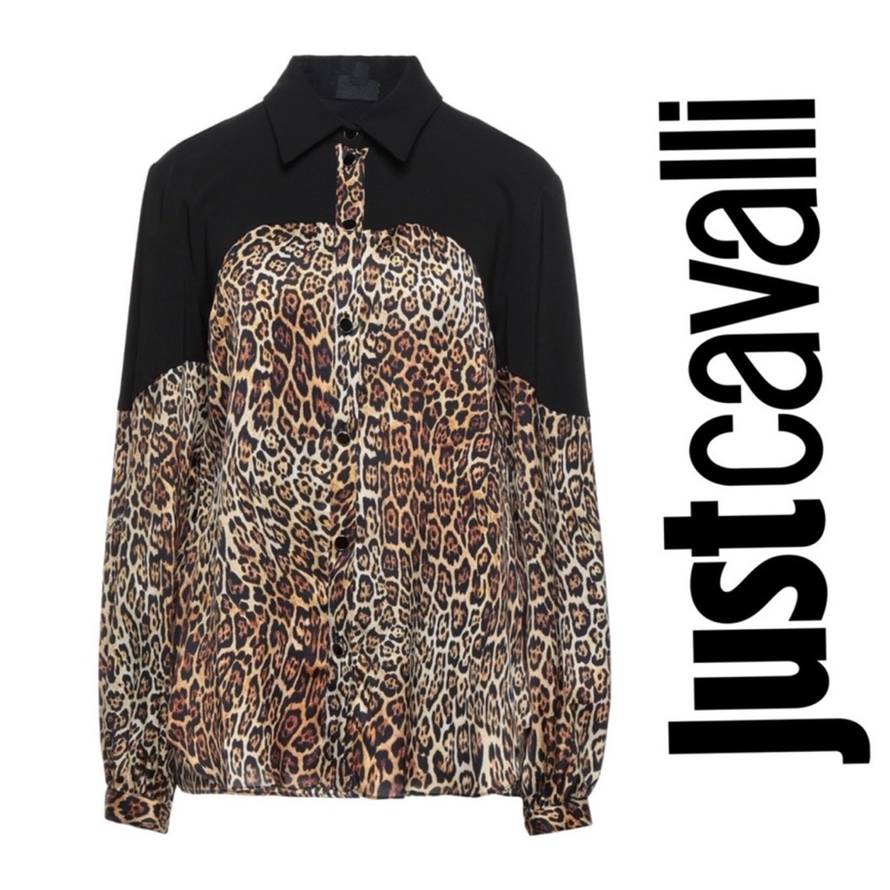 New! JUST CAVALLI Logo Color Block Animal Print Button Up Shirt Blouse